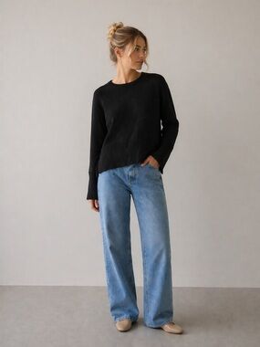 GAP 24/7 Black Cotton Crewneck Sweater Ribbed Split Hem M